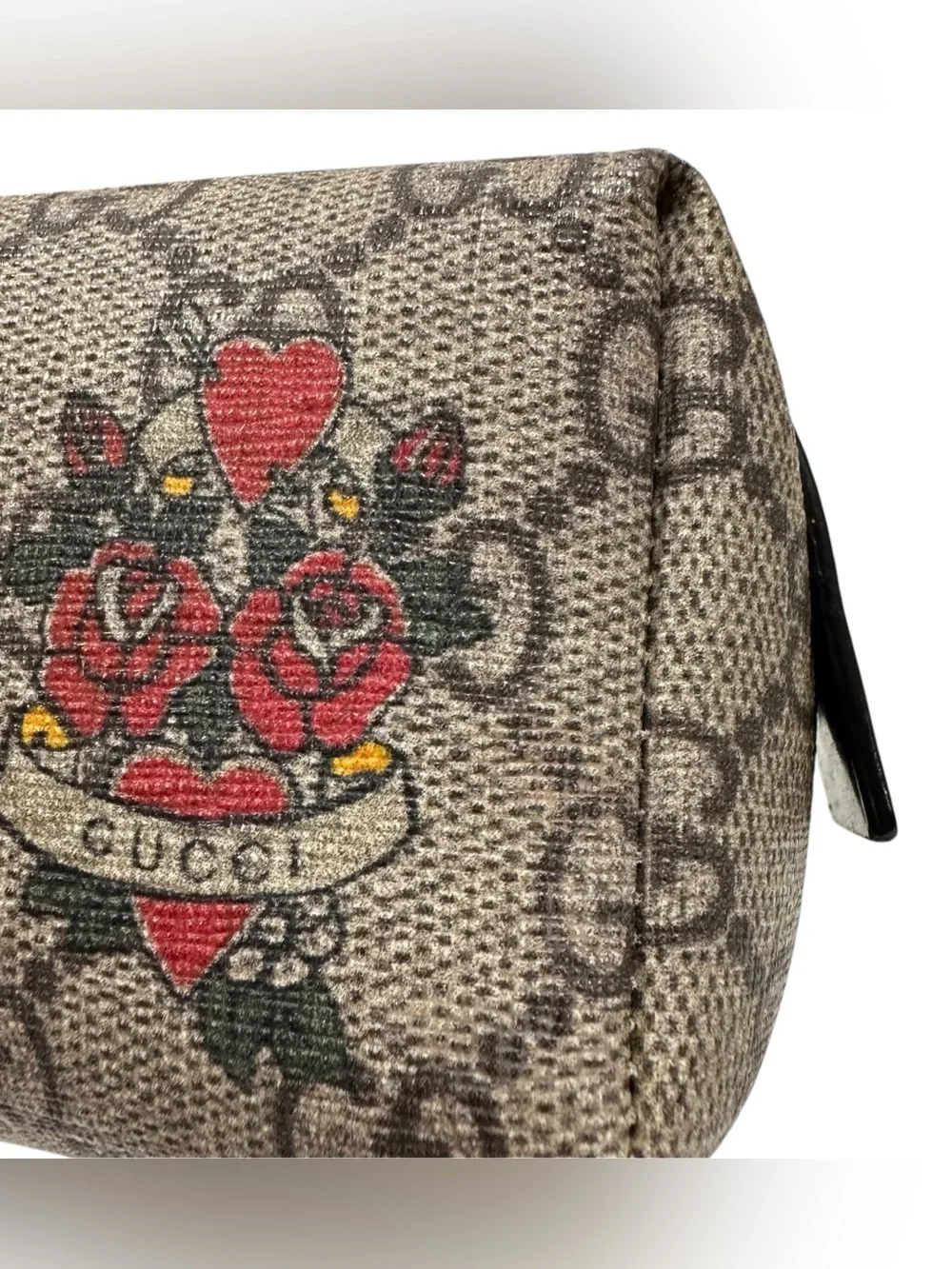 Gucci Tan GG Supreme Web Canvas with Roses Heart Tattoo Zippered Pouch